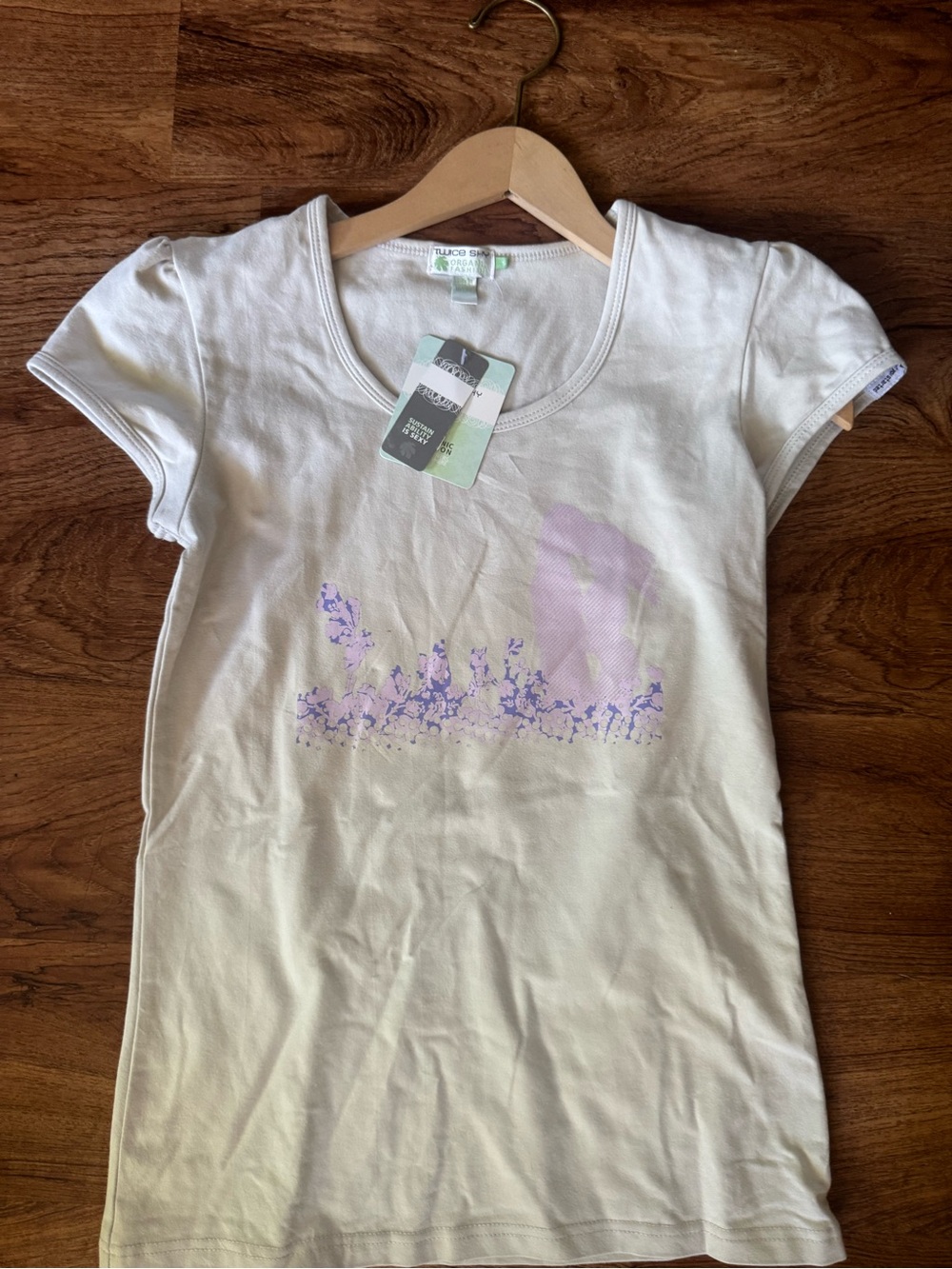 Twice Shy Organic Cotton Stretch Tee with Lavender Love Floral Graphic - S - NWT